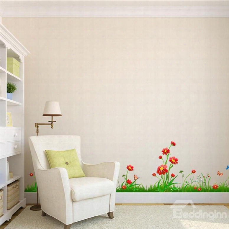 Green Grasses Red Flowers Printed Pvc Waterproof Eco-friendly Baseboard Wall Stickers