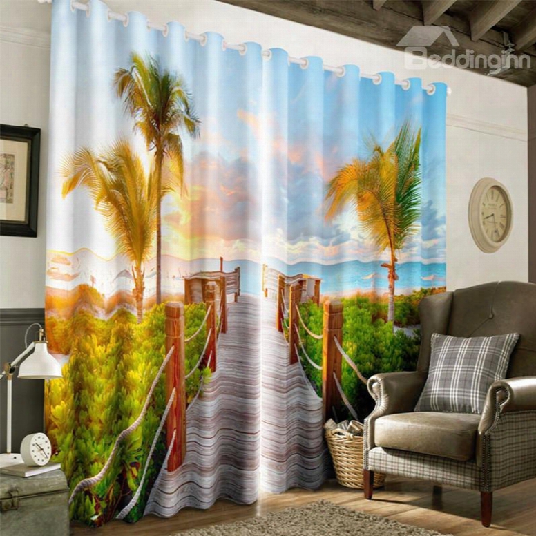 Green Palm Trees And Wooden Bridge Printing 2 Panels Decorative Window Curtain
