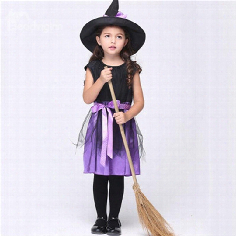 Halloween Little Witch Polyester Purple And Blak Kids Costume Set