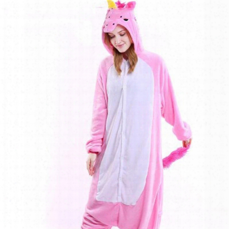 Halloween Rose-carmine Unicorn Flannel One-piece Stretchable Pajama Jumpsuit