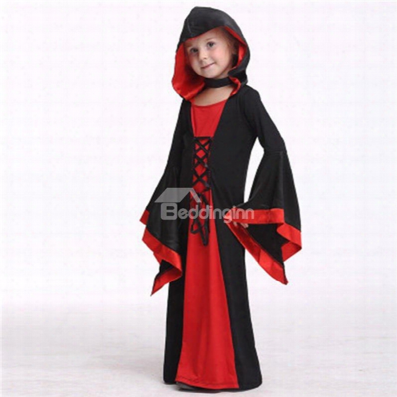 Hallow Een Witch Polyester And Net Cloth Black And Red Kids Costume