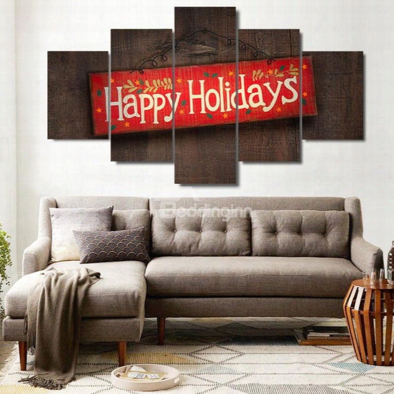 Happy Holiday Pattern Hanging 5-piece Canvas Eco-friendly And Waterproof Non-framed Prints