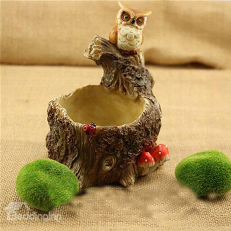 Imitation Stump Resin With Lovely Owl Decorations Creative Plant Pot