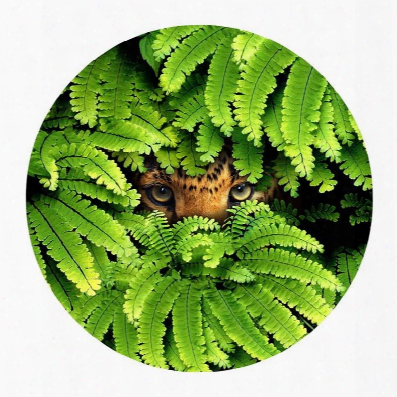 Lion Eyes Hiding Behind Green Leaves Modern Pattern Pvc Nonslip Round Doormat