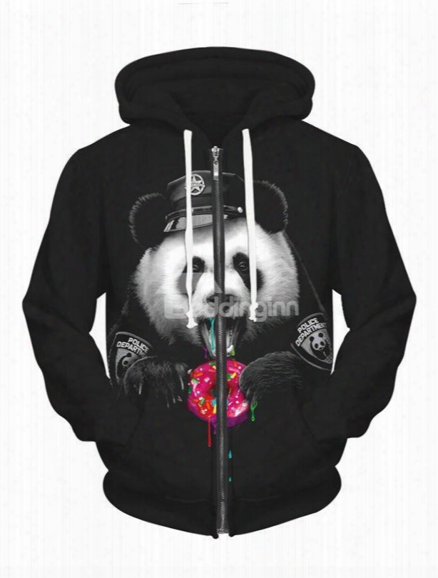 Long Sleeve Pandaa Pattern Black Pocket 3d Painted Hoodie