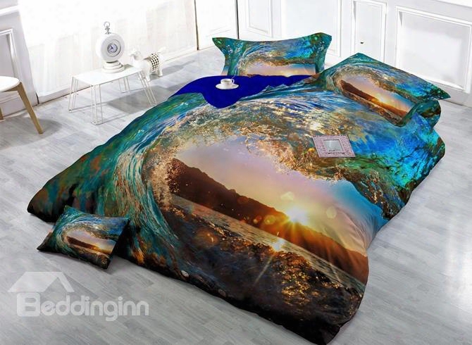 Marvelous Blue Spindrift Print Satin Drill 4-piece Duvet Cover Sets