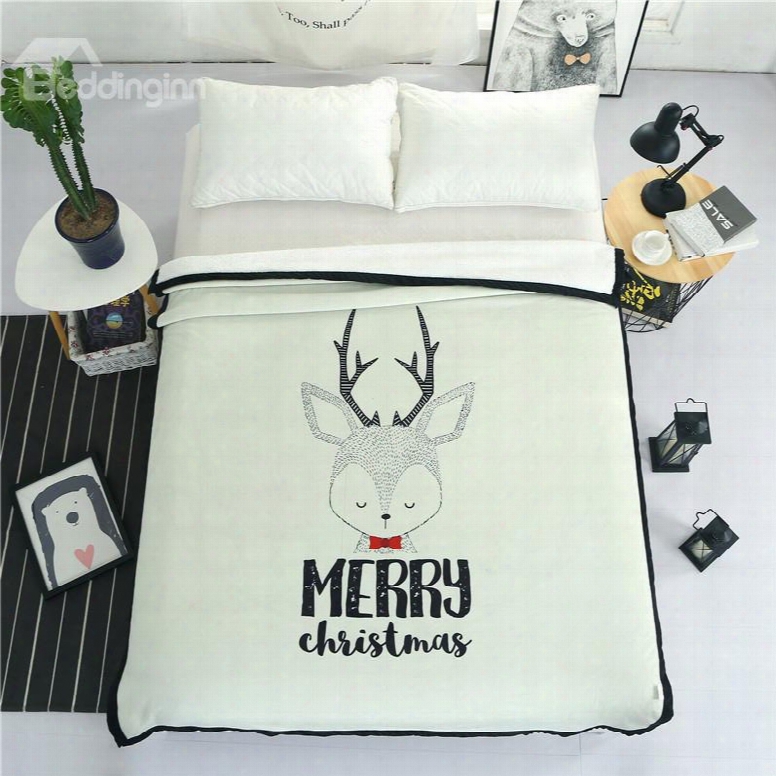 Merry Christmas Reindeer Printed Plush Reversible Sherpa Nordic Fluffy Bed Blanket