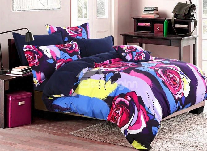 Multi-color Roses Pattern High Thread Count 4-piece Polyester Bedding Sets/duvet Cover