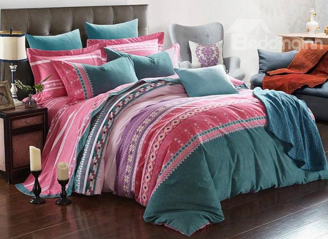 Multi-color Stripes Pattern Exotic Style Cotton 4-piece Bedding Sets/duvet Cover