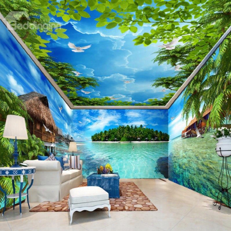 Natural Ocean Scenery And Blue Sky Combined Waterproof 3d Ceiling And Wall Murals