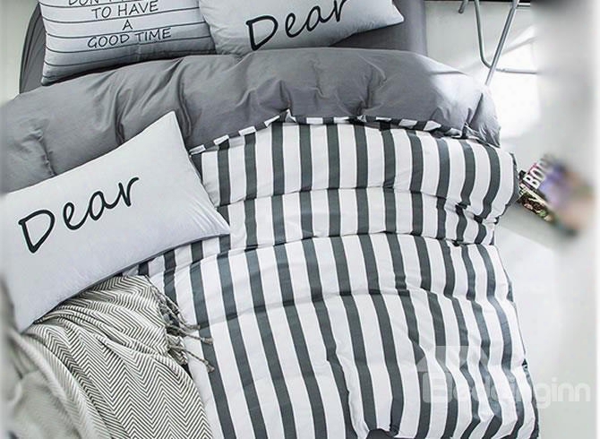 Nordic Style Stripes Printed Cotton Gray Kids Duvet Covers/bedding Sets