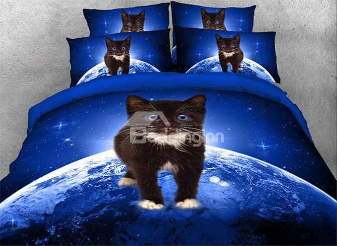 Onlwe 3d Black Kitten On Planet Printed 4-piece Bedding Sets/duvet Covers