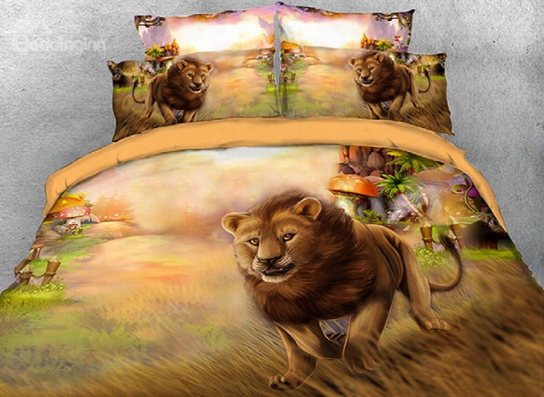 Onlwe 3d Cartoon Lion Walking In Grass Natural Scenery 4-piece Bedding Sets/duvet Covers