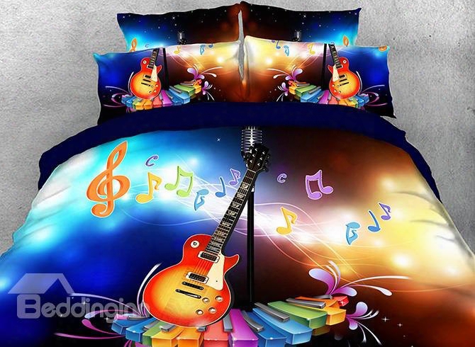 Onlwe 3d Dreamy Guitar With Colorful Piano Keys And Note Cotton 4-piece Bedding Sets/duvet Covers