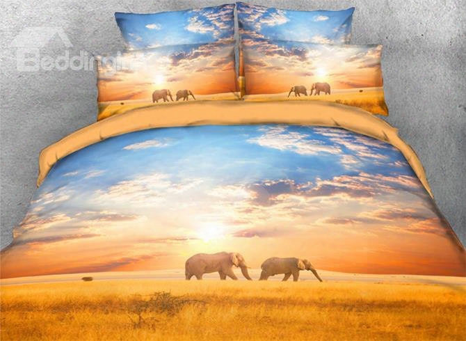 Onlww 3d Elephants Walking In African Savannah Natural 4-piece Bedding Sets/duvet Covers