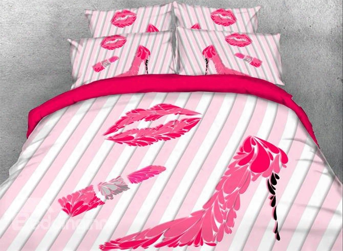 Onlwe 3d Pink Feathered High Heels Edge  Print Lipstick 4-piece Bedding Sets