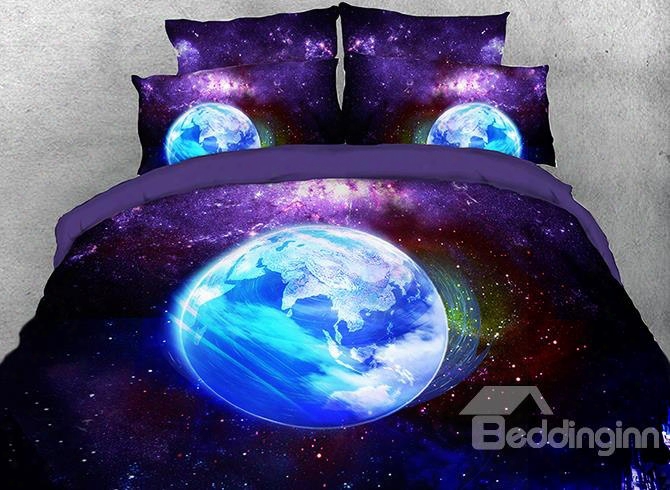 Olwe 3d Purple Galaxy Earth Modern Style Cotton 4-piece Bedding Sets/duvet Covers