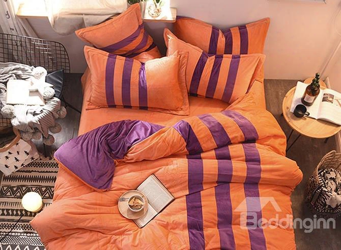 Orange And Purple Stripes Color Blocking Sporty Super Soft 4-piece Bedding Sets/duvet Cover