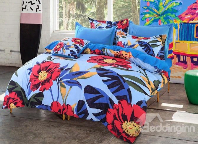 Orange Cosmos Flowers Pattern Pastoral Style Blue 4-piece Polyester Bedding Sets/duvet Cover