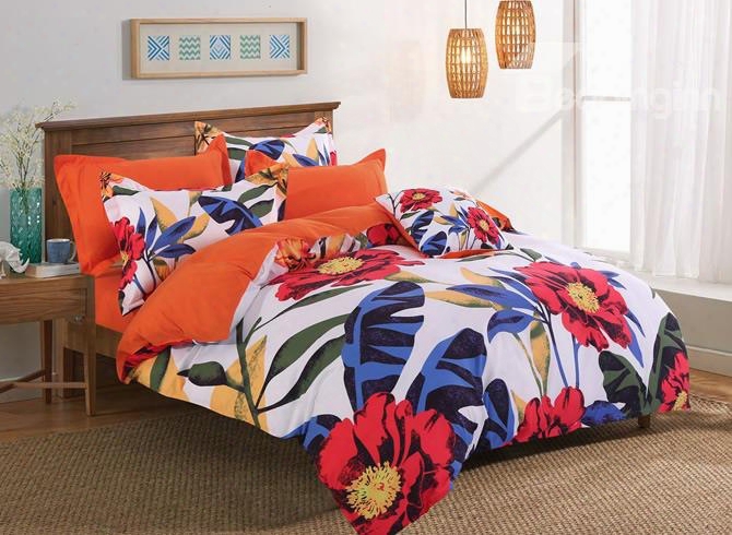 Orange Cosmos Flowers Pattern Pastoral Style White Polyester 4-piece Bedding Sets/duvet Cover