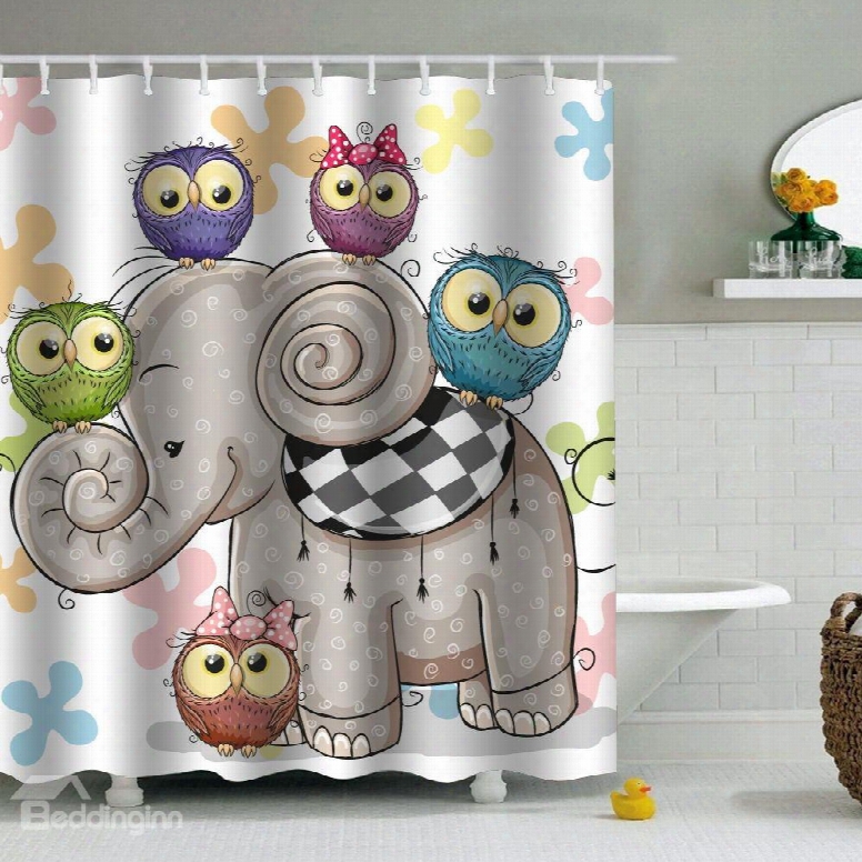 Owl Heads Elephant Printed Peva Waterproof Durable Antibacterial Eco-friendly Shower Curtain