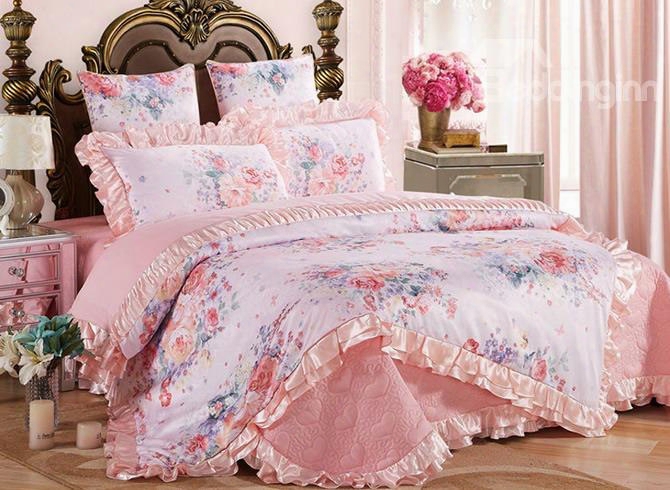 Pasttel Pink Flowers Blossom 6-piece Cotton Sateen Bedding Sets/duvet Cover