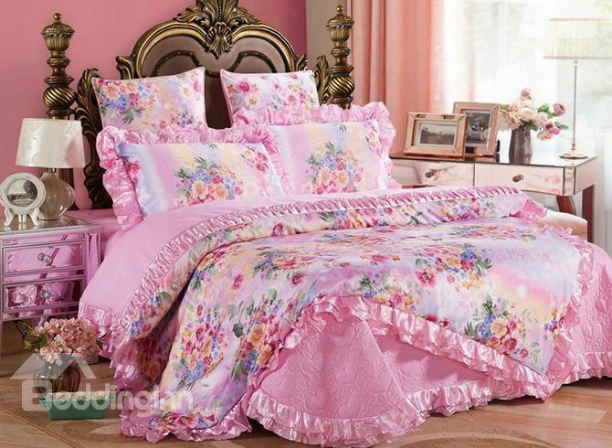 Pink Peonies Printed Royal Style 6-piece Cotton Sateen Bedding Sets/dduvet Cover