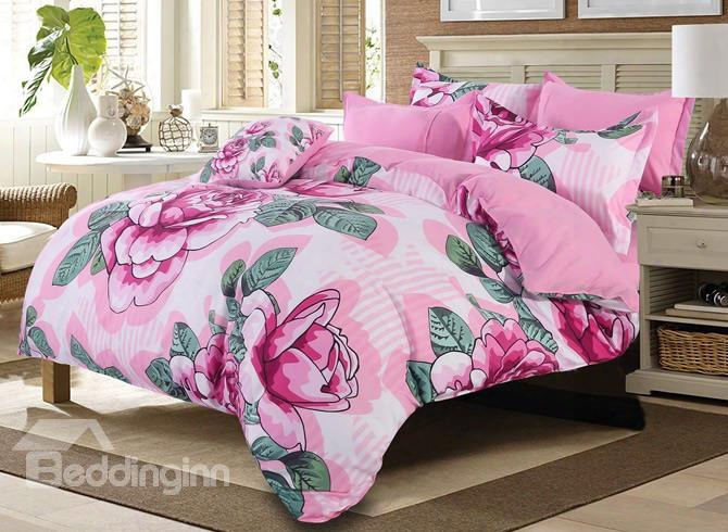 Pink Peony Blooming Pattern Pastoral Style 4-piece Polyester Bedding Sets/duvet Cover