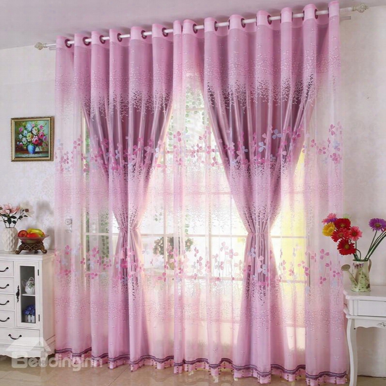 Purple Country Style Clover Printing Custom Sheer Curtain