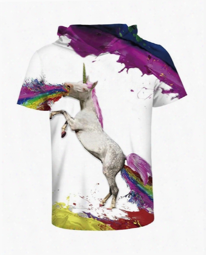 Rainbow Colorful Unicorn 3d Printed Short Sleeve For Men Hooded T-shirt
