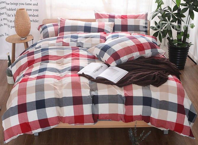 Red And Black Plaid Print Vintage Style Cotton 4-piece Bedding Sets