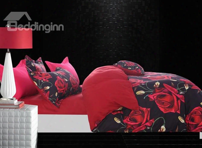 Red Roses Blossoming Pattern High Thread Count 4-piece Polyester Bedding Sets/duvet Cover