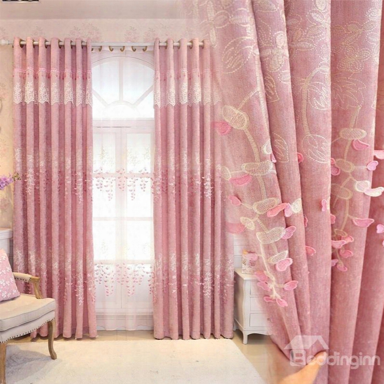 Romantic Pink Color Pastoral Style Embroidered Living Room Finished Product Shading Cloth