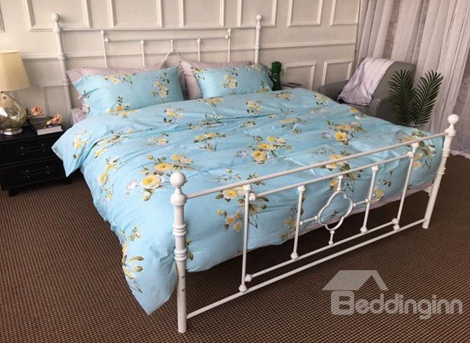 Romantic Yellow Blooms Print Blue 4-piece Cotton Duvet Cover Sets