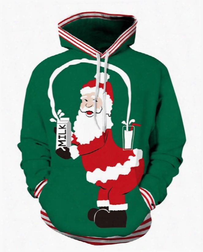 Santa Eating Milk Christmas Long Sleeve 3d Pattern Hoodie