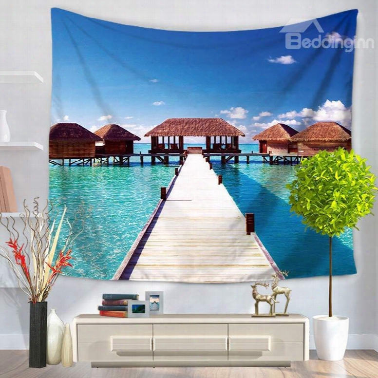 Seascape With Wooden Trestle And Pavilions Decorative Hanging Wall Tapestry