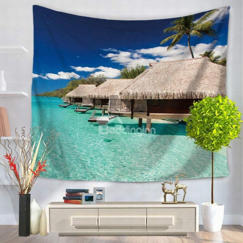 Seaside Wooden House And Clean Ocean Pattern Decorative Hanging Wall Tapestry