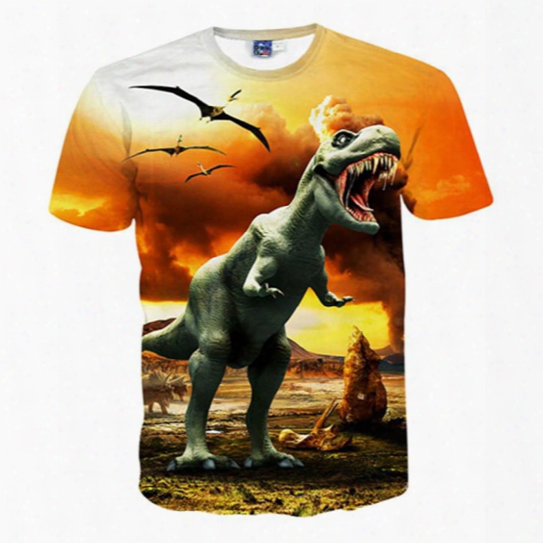 Shining Round Neck Dinosaur Pattern 3d Painted T-shirt