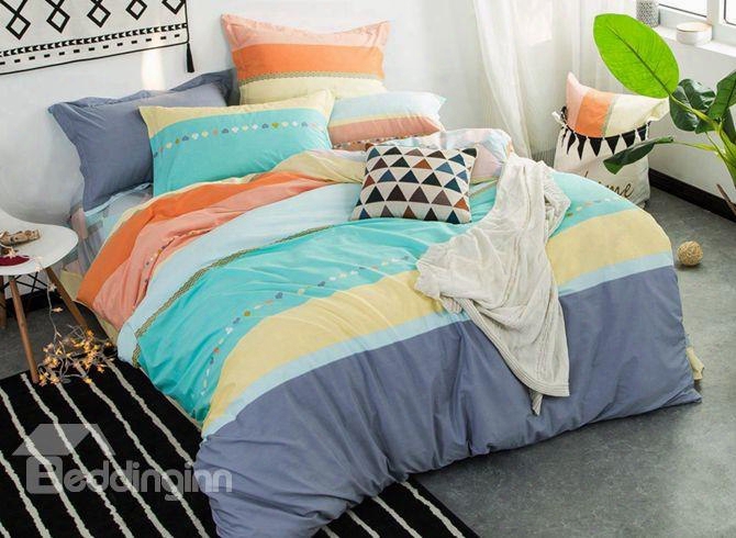 Simple Colorful Stripes Print 4-piece Cotton Duvet Cover Sets
