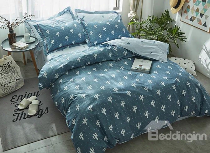 Simple Style Cactus Pattern Lake Blue Cotton 4-piece Bedding Sets/duvet Cover