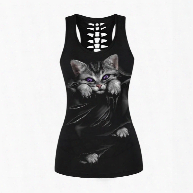 Sleeveless Round Neck Cat Purple Eye Sexy Exercise 3d Tank Top