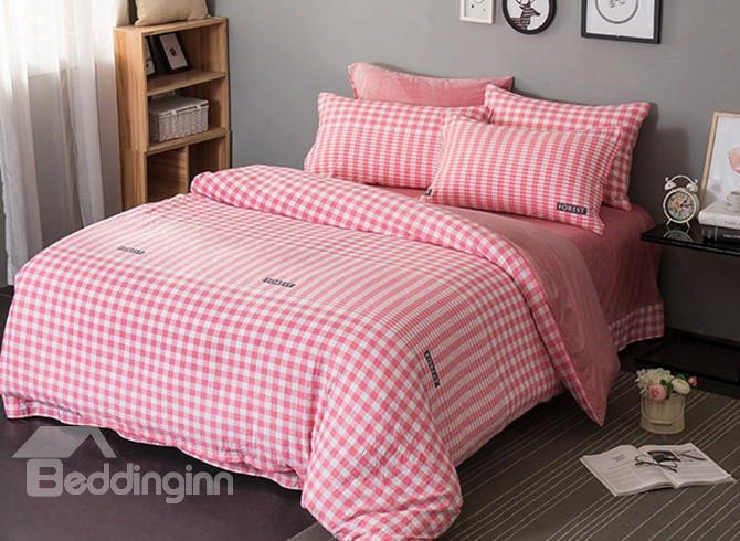 Small Pink Plaid Pattern Modern Style Soft 4-piece Bedding Sets/duvet Cover