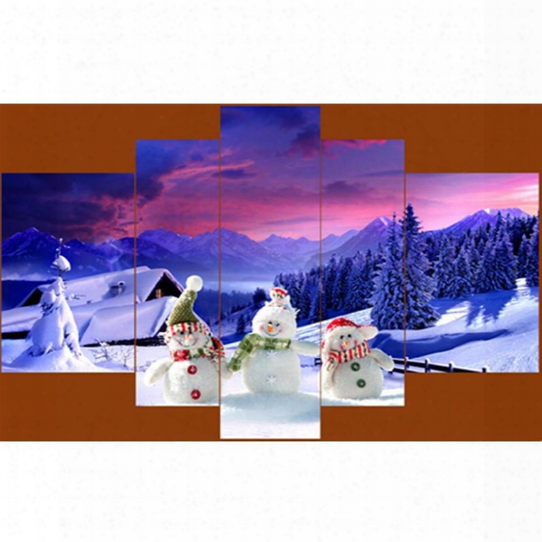 Snowmen And House Hanging 5-piece Canvas Eco-friendly And Waterproof Non-framed Prints