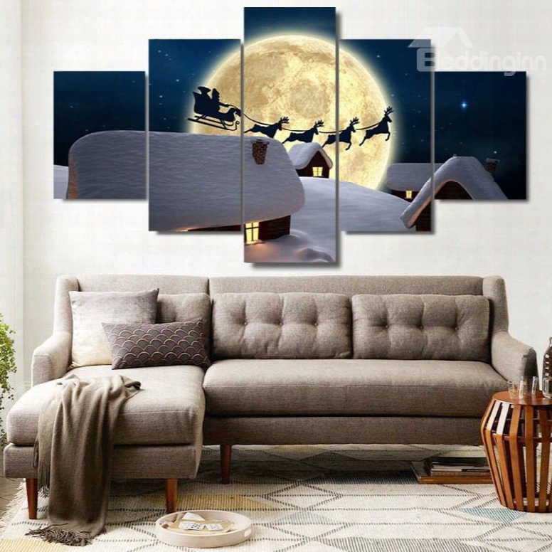 Snowy Cabins And Christmas Deer Moonsky Hanging 5-piece Canvas Eco-friendly Waterproof Non-framed Prints