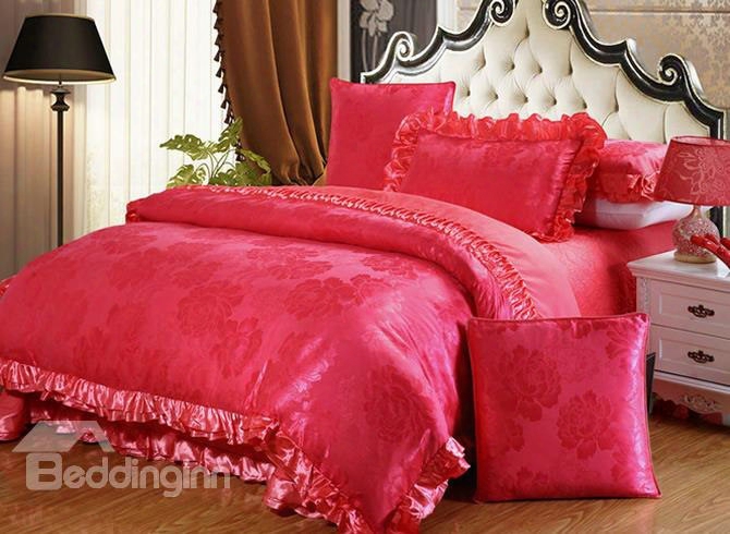 Solid Red Flowers Printed Royal Style 6-piece Cotton Sateen Bedding Sets/duvet Cover