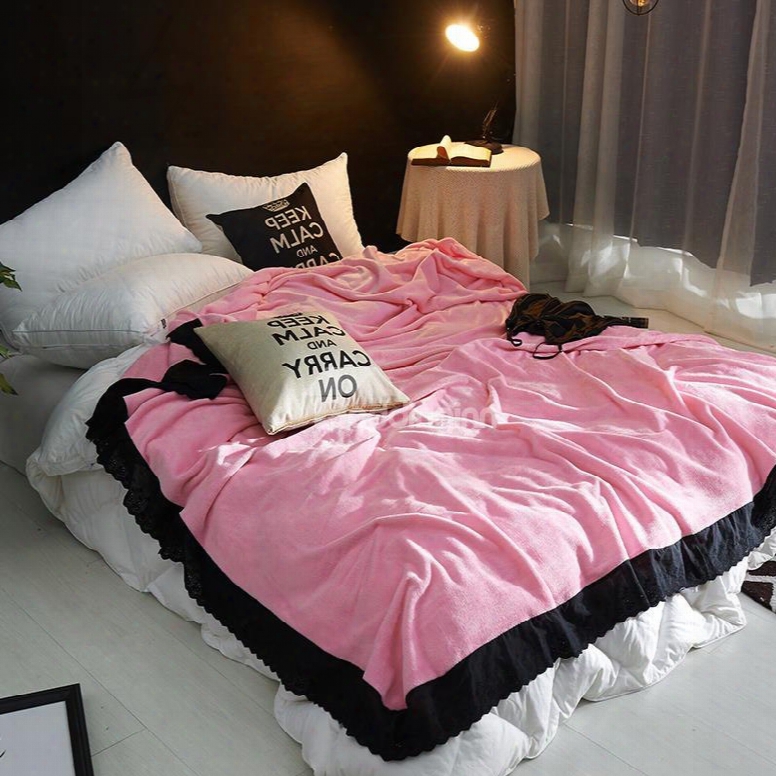 Solid Romantic Pink Plush With Black Edge Super Soft Fluffy Bed Blanket