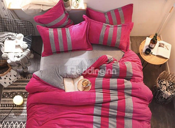 Solid Rosy With Grey Stripes Color Blocking Super Soft Fluffy 4-piece Bedding Sets