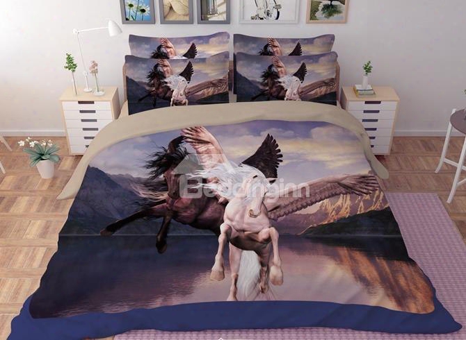 Stunning 3d Flying Horses Print 4-piece Polyester Duvet Cover Sets