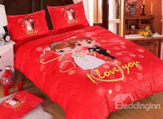 Sweet Lover Print Festive Red 4-piece Flannel Duvet Cover Sets