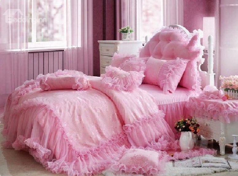 Total Lace Trim Cotton Romantc Cinderella Pink Duvet Covers/bedding Sets